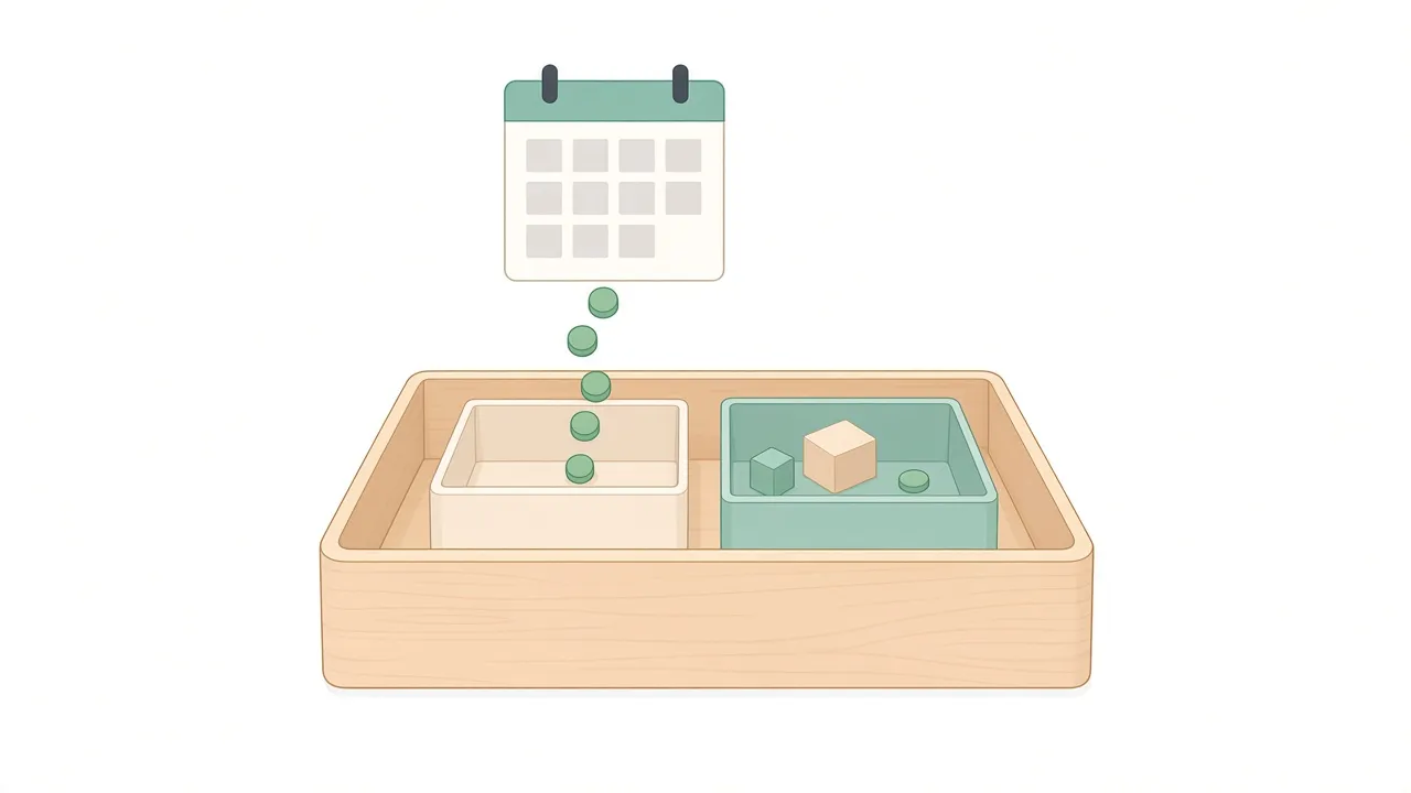 大きな木のトレーの中に2つの箱が並んだイラスト。左の箱にはカレンダーから小さな丸い粒が1つずつ落ちて入り、右の箱には大小の立方体と丸い粒が入っている