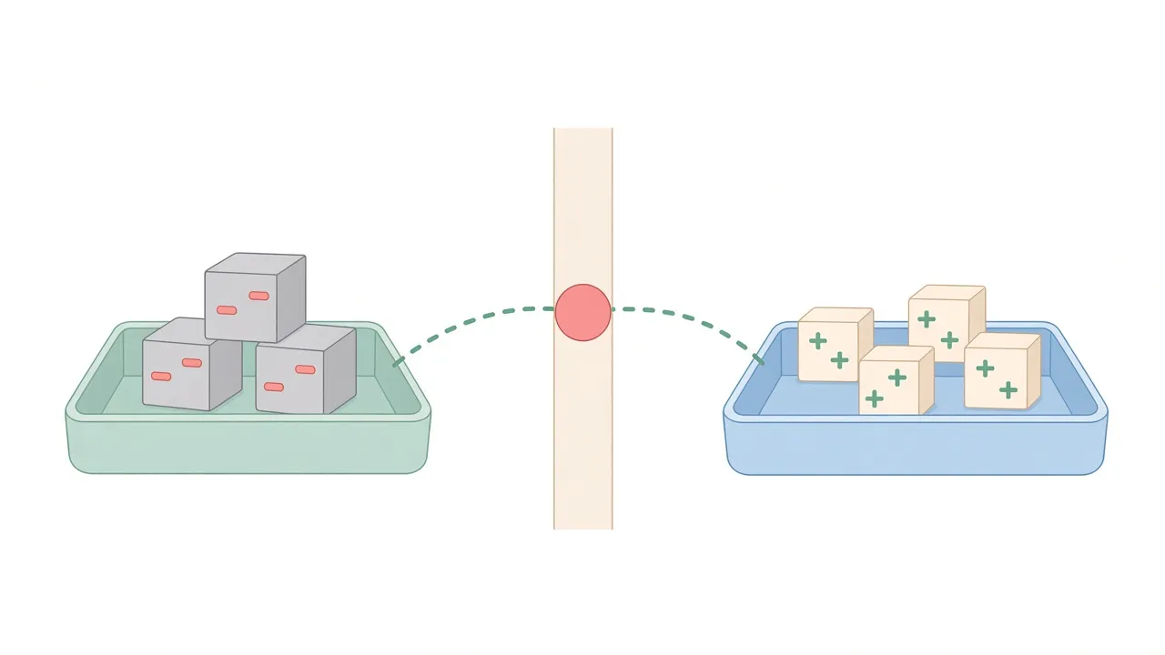 左右に分かれた2つのトレーのイラスト。左のトレーにはへこみのある灰色のブロック、右のトレーにはプラスの印のブロックがあり、間の壁で点線の道が止まっている