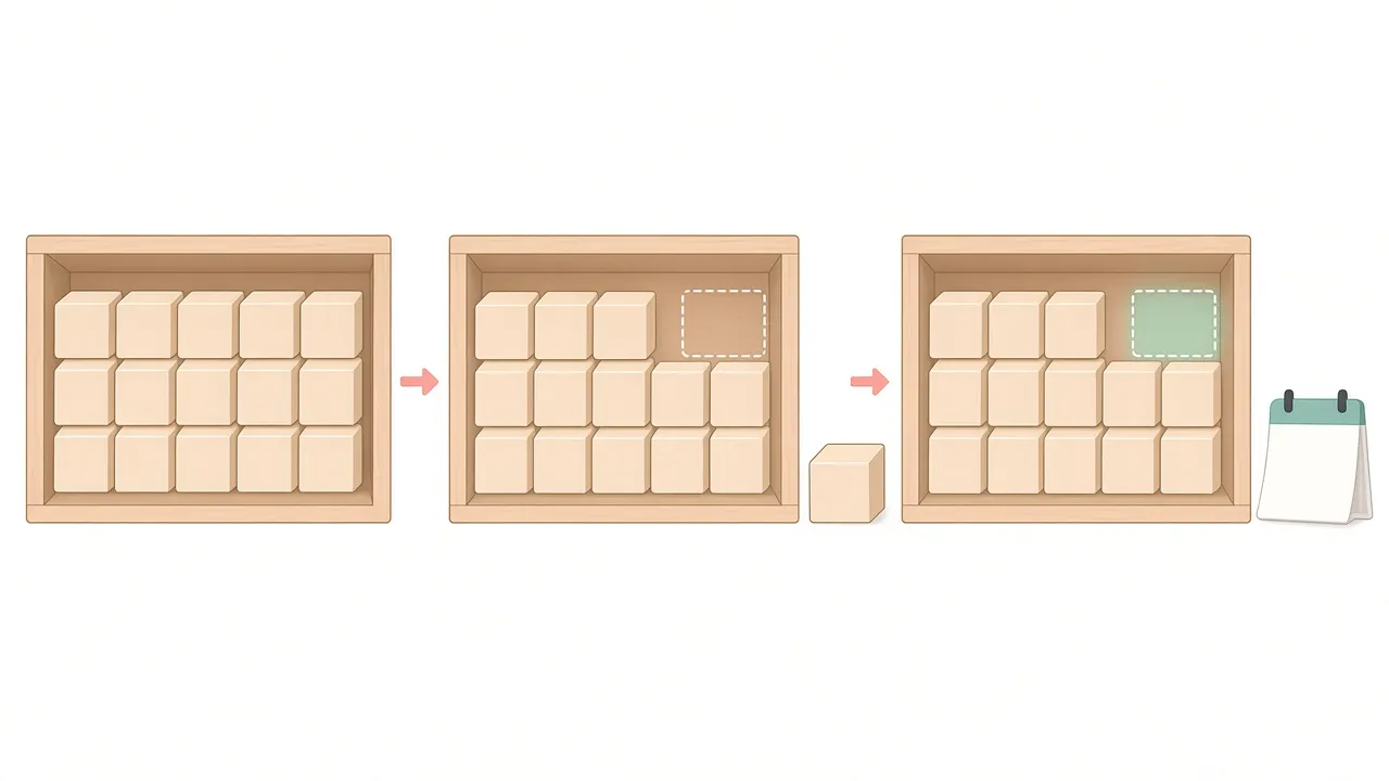 3つの木の棚が矢印でつながったイラスト。左はすべての枠にブロックが入り、真ん中は1つのブロックが外に出て点線の空き枠ができ、右ではカレンダーの横で空き枠が緑色に光っている