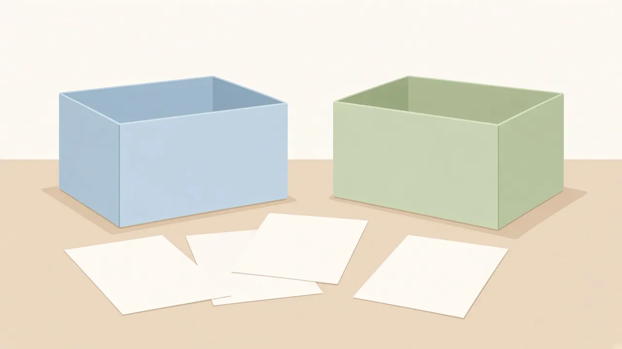 左右に分かれた2つの箱と、仕分けを待つ紙が並んだ図