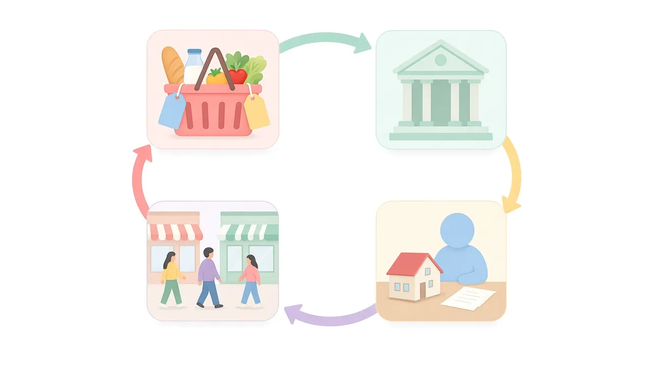 4枚のカードが時計回りの矢印でつながった図。食料品の入った買い物かご、中央銀行の建物、家の模型と書類を前にした人、人通りが落ち着いた商店街